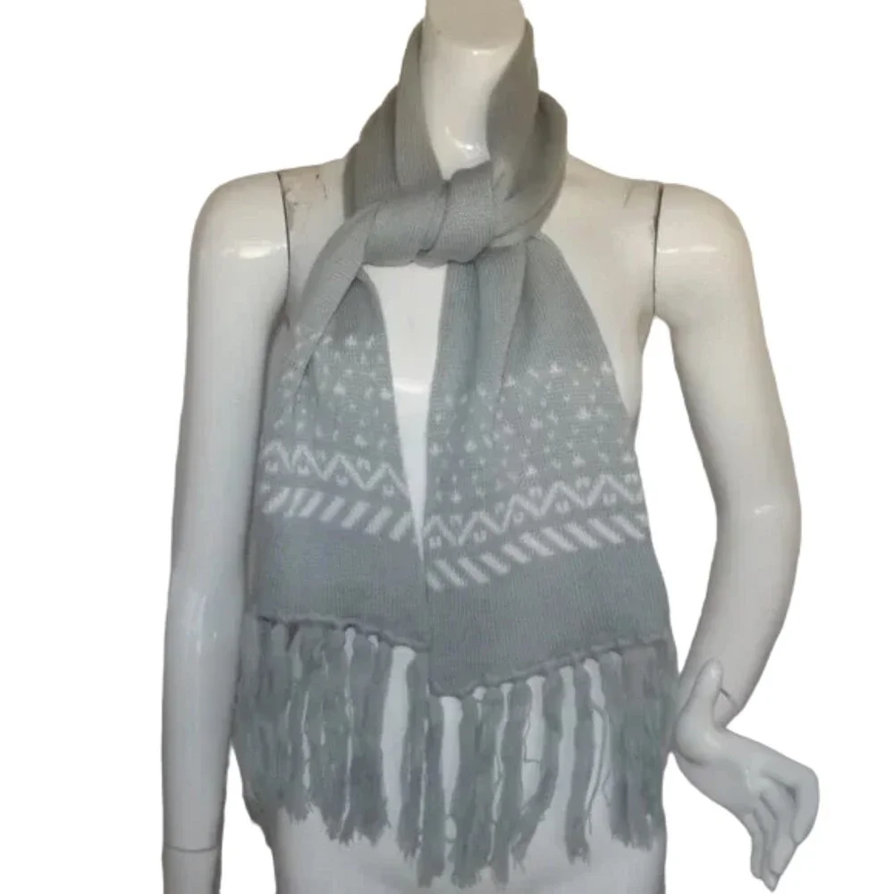 Knit Scarf, 7 x 55.5, Grey, White Pattern, Fringe ends, Acrylic, Mid weight